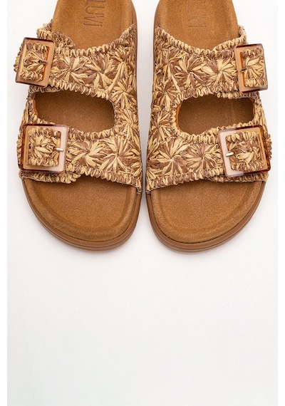 Luvishoes Luvi Shoes Mılana Taba Desenli Hakiki Deri Tokalı Çift Bantlı Kadın Terlik Taba