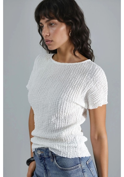 Hiccup Dokulu Bisiklet Yaka Bluz Ellie Collection Beyaz