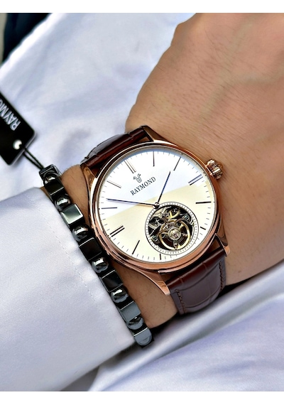 Raymond Özel Seri Otomatik Diplomat Klipsli Deri Kordon Erkek Saati Rose Gold 23070977