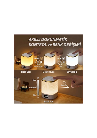 Şarjlı Led Gece Lambası Uzaktan Kumandalı Dekoratif Aydınlatma Dijital Saatli Masa Lambası Beyaz Beyaz