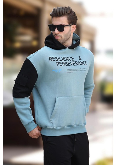 Madmext Mavi Kapüşonlu Cep Detaylı Baskılı Erkek Sweatshirt 7058-mavi Mavi