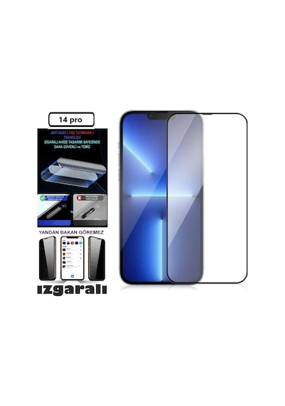 Apple Uyumlu   iPhone 14 Pro Hayalet Ekran Koruyucu Toz Filitreli Izgaralı Anti Dust Tam Kaplayan Kırılmaz Cam