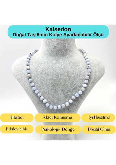 Yıldız Doğal Taş Kalsedon Doğal Taş 6 MM Makrome Kolye 45 CM - 55 CM Ayarlanabilir Mavi