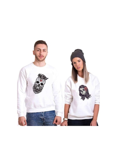 Tshirthane Kurukafa Sevgili Kombinleri Unisex Sweatshirt Kırık Beyaz