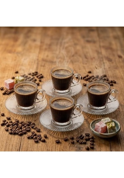 Tr 6'li Cam Kahve Fincanı Seti Çizgili Desenli Şeffaf Fincan Ve Tabak Takımı 8 Cm Espresso Türk Kahvesi Sunum Seti Genel