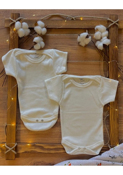 Betül Bebek Kısa Kollu 2'li Organik Pamuk Çıtçıtlı Bebek Body&zıbın 2adet Ekru