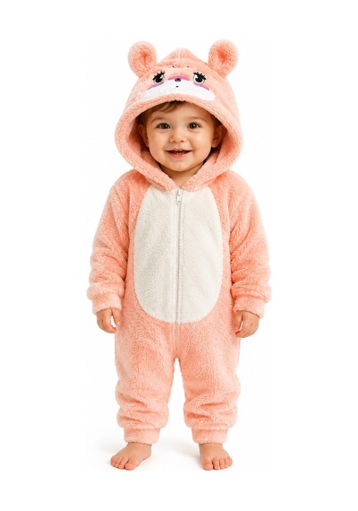 Tatlı Ayıcık Desenli Welsoft Peluş Kapüşonlu Fermuarlı Kışlık Unisex Bebek Tulumu 40197 Somon