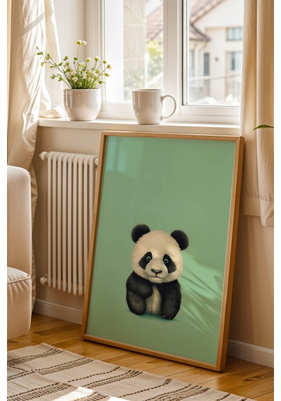 Sevimli Yavru Panda Portresi Çerçeveli Tablo - Bebek Ve Çocuk Odası Modern Hayvan Duvar Dekoru Kayın