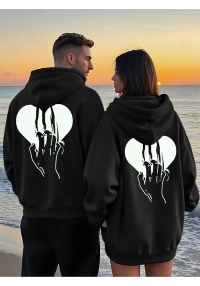 Nevermind Sevgili Çift Kombini 2 Li Kalp Ve Pençe Desenli Unisex Sweatshirt Siyah