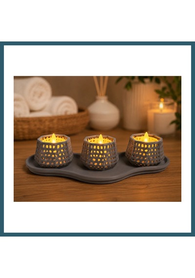 Bezos 3d Baskı Dekoratif Mumluk Seti - Desenli Tealight Ve Masaüstü Aydınlatma Objesi-gri Ob