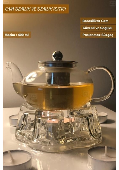 2 Li Set Cam Demlik Ve Cam Isıtıcı Süzgeçli Demlik 400 Ml Bitki Çayı Demliği Borasilikat Şeffaf