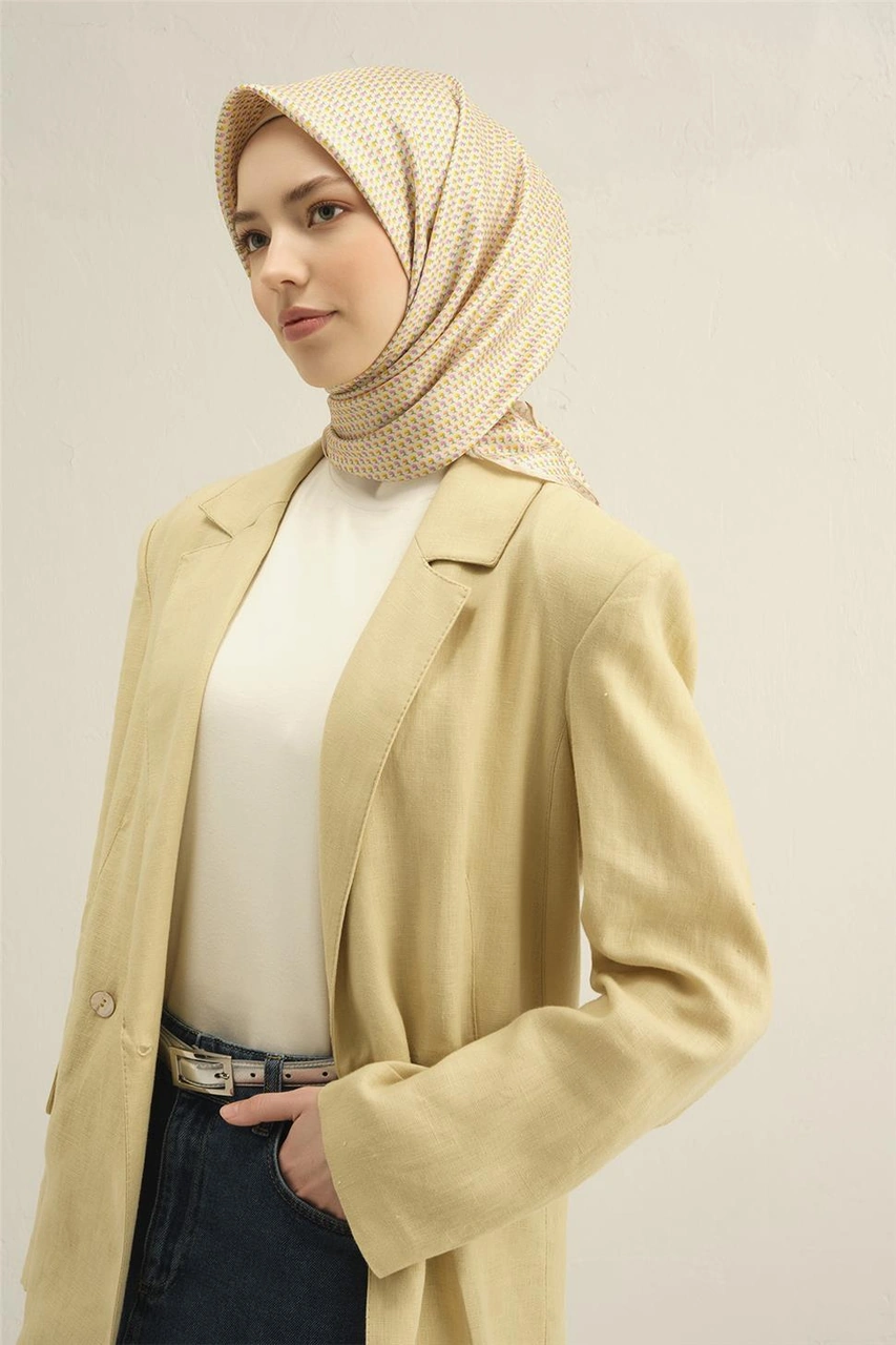 Armine Çiçek Desenli Saf İpek Twill Eşarp 9307d 01 Sarı