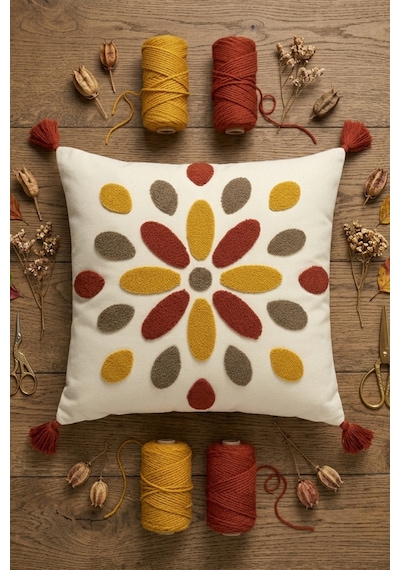 Güneş Damlası Renkli Damla Motifli Punch Nakışlı Püsküllü Pamuk Kırlent Kılıfı 42x42 Cm Kiremit