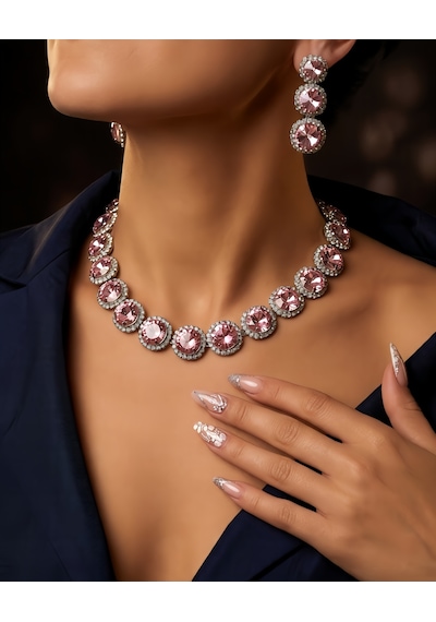 Riviere Kristal Taşlı Çiçek Model Pembe Renkli Kolye Küpe Set
