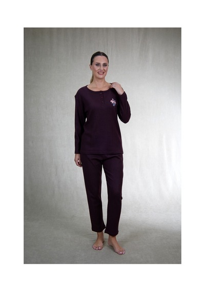Estiva Kadın Nakış İşlemeli Patlı İnterlok Şardonlu Pijama Takımı Bordo