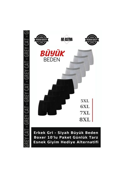 Grey Cat Erkek Gri - Siyah Büyük Beden Boxer 10'lu Paket Günlük Tarz Esnek Giyim Hediye Alternatifi Çok Renkli