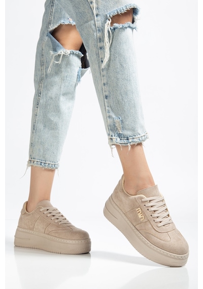 Bahrina Kadın Beyaz Cilt Kalın Taban Tokalı Sneaker Bej Süet
