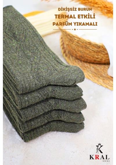 Kral Socks Erkek Kışlık Termal Etkili 5'li Paket Lambswool Kuzu Yün Çorap Haki