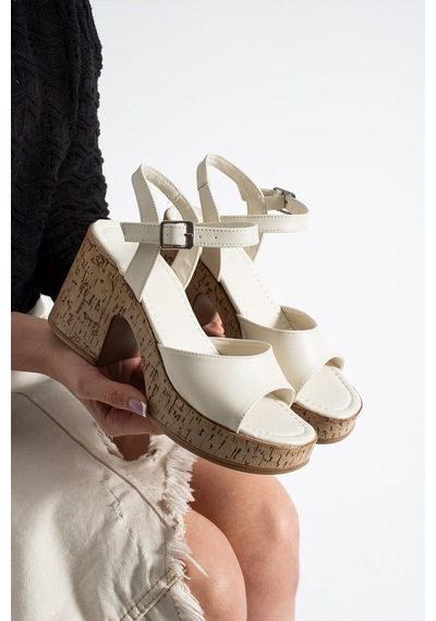 Dabab Shoes Loreva Kadın Krem Platform Taban 9 Cm Kalın Topuklu Bilekten Bantlı Sandalet