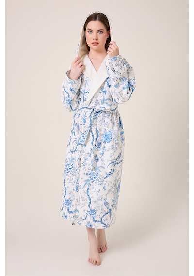 Blue Gladiolo Fiore Desenli Dijital Baskılı Kapüşonlu Bornoz Mavi