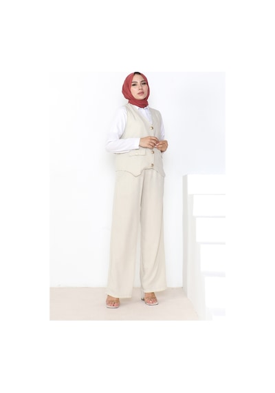 Bestenur Yelek Pantolon Keten İkili Takım 1035 - Taş