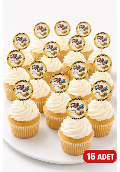 İnşaat Temalı Kürdan Süs 16 Adet Kepçe Dozer Kamyon Cupcake Kek Pasta Parti Süsleme Sarı