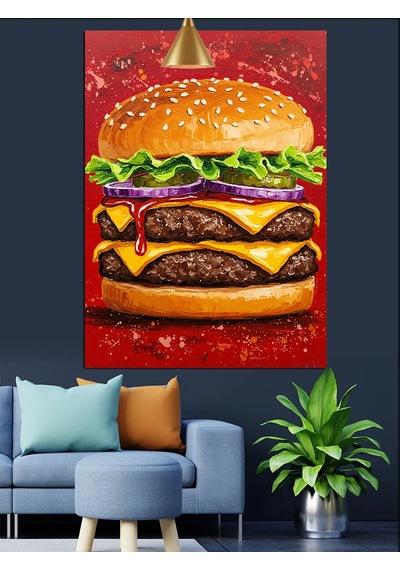 Katmanlı Dev Bir Cheeseburger Yemeği Dekoratif Kanvas - Mdf Ahşap Tablo
