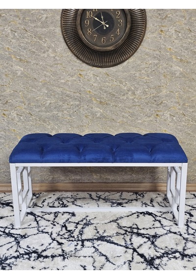Zafir Beyaz Boyalı İçi Kareli Diktörtgen 100 Cm X 40 Cm Oturak Puf - Bench - Makyaj Oturağı - Oturak Mavi