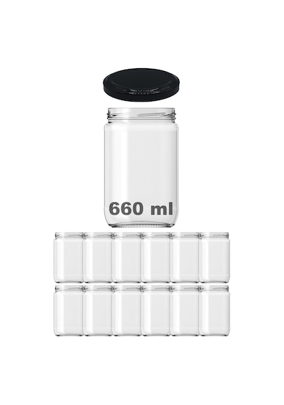 Afracam 660 Ml Metal Kapaklı Şeffaf Cam Kavanoz 12 Adet Siyah