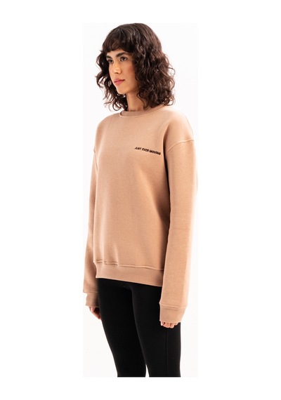 Justever Bisiklet Yaka Nakışlı Şardonlu İçi Polarlı Vizon Kadın Sweatshirt - Rigil Vizon