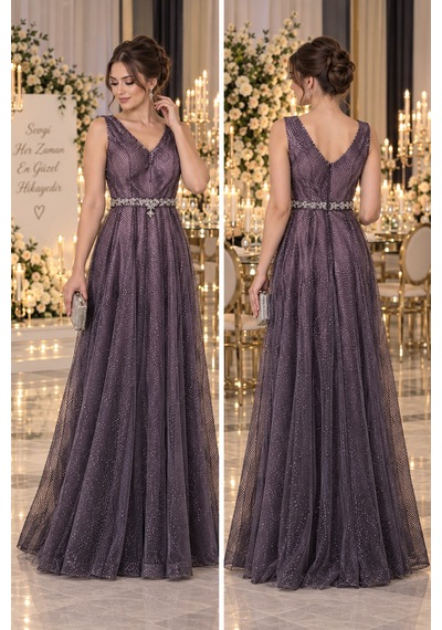 Gül&can Butik Mor Işıltılı Taş Detaylı Abiye Elbise Mor