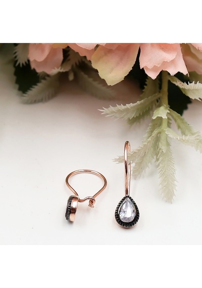 Elmas Montürlü Damla Tek Taşlı Set Rose Gold - Gümüş