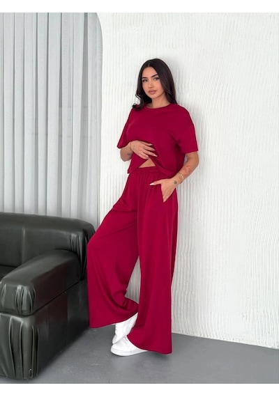 Freedom Storee Kadın Osy Modal Yumuşak Dokulu Kumaş Bisiklet Yaka T-shirt Bol Paça Pantolon İkili Takım -bordo Çok Renkli