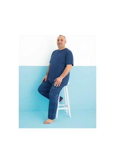 Aydoğan Erkek Dinç Büyük Beden Koton Kısa Kol Koyu Mavi Pijama Takım 0004 Mavi