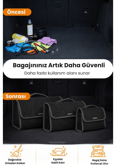 Oto Bagaj Organizer Bagaj Çantası 3'lü Kombo Kaymaz Cırt Bantlı Velur Kompakt - Siyah