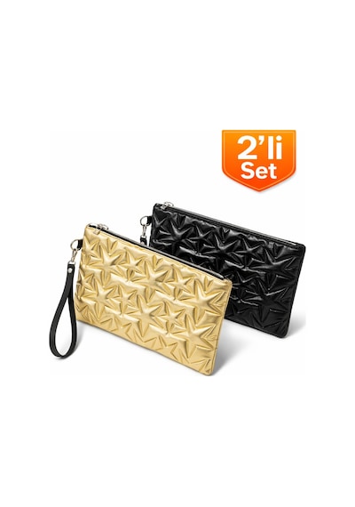 Adelina Bags 2'li Çanta Paketi Yıldız Desenli Portföy El Çantası Bilek Askılı Clutch Çanta Gold