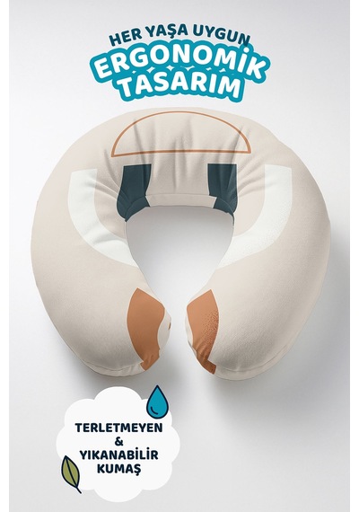 Soyut Geometrik Desenli Pamuklu Boyun Yastığı - Modern Minimalist Bej Antrasit Seyahat Yastığı Buzlu Ayışığı Kurşun