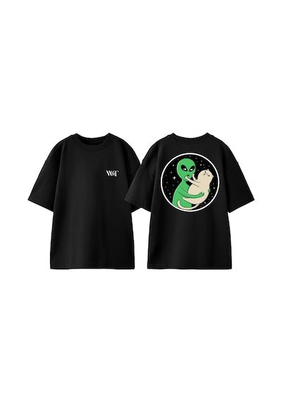 Thewert Alien And Cat Tasarım Sırt Baskılı Pamuk Siyah Oversize T-shirt