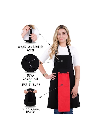 Star Ayar Askılı Havlulu Mutfak Önlüğü Seti Havlulu Önlük Siyah-kırmızı