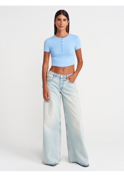Dilvin 31647 Düğme Detaylı Crop Top-mavi Mavi