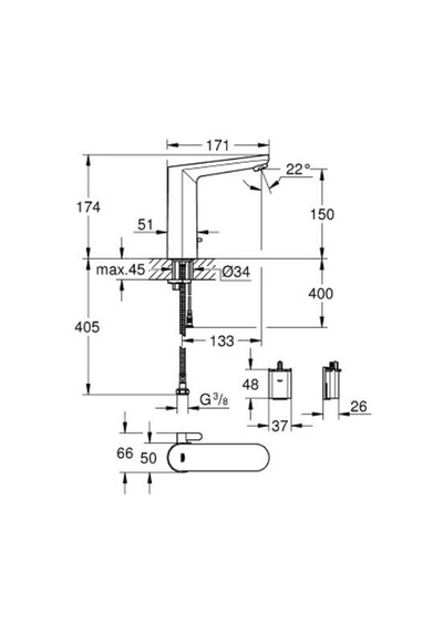 Grohe 36422001  Eurosmart Cosmopolitan E Fotoselli Lavabo Bataryası - 1/2" - L-boyut - Çift Su Girişli - Ayarlanabilir Sıcaklık Sınırlayıcısı - Gümüş