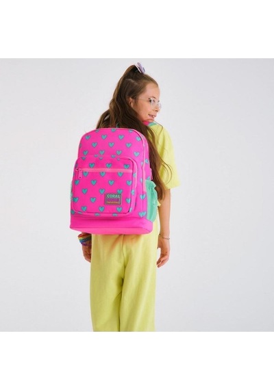 Coral High Kids Neon Pembe Su Yeşili Kalp Desenli 2'li Okul Çanta Seti - Kız Çocuk