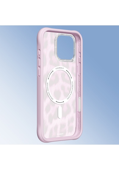 Apple iPhone 16 Pro Uyumlu Kılıf M-safe Şarj Özellikli Youngkit Leopard Serisi Kapak Pembe
