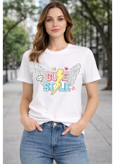 Herkesemoda Cute Stayle Baskı Detaylı Basic T-shırt Beyaz