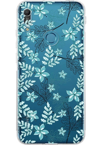 Huawei Y6 Pro 2019 Uyumlu Kamera Korumalı Floral Su Yeşili Tasarımlı Şeffaf Silikon Kılıf