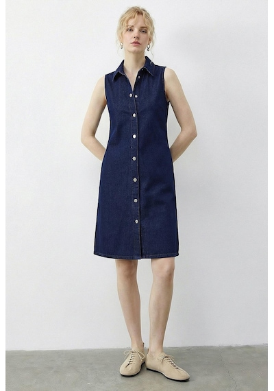 Shade Kadın Çıtçıt Kapamalı Cep Detaylı Gömlek Yaka Denim Elbise 5534 60286004 - Lacivert