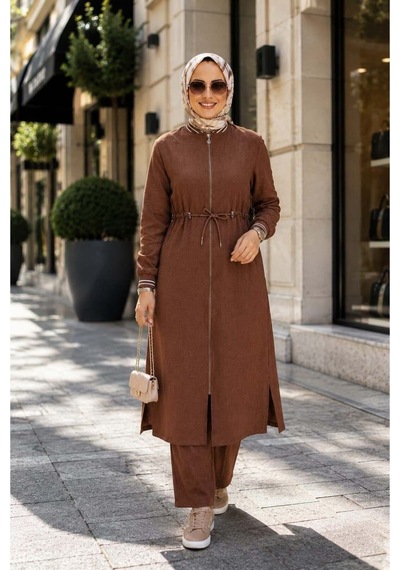 Hb Harma Time Butik Kadın Ribanalı Fermuarlı Kahverengi Keten Tunik Pantolon İkili Takım Acı Kahve Acı Kahve