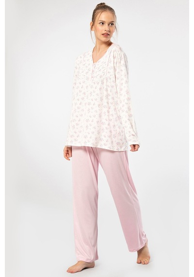 Türen 3366 Kadın Büyük Beden Uzun Kollu Pijama Takım-pembe Pembe