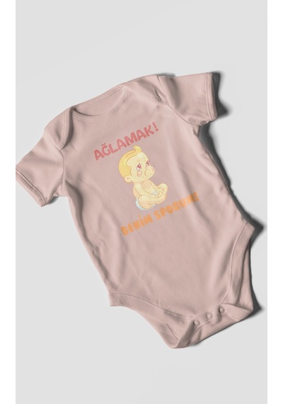Ağlamak Benim Sporum Baskılı Bebek Zıbını Çıtçıtlı Body %100 Pamuk Kısa Kol Pastel Pembe