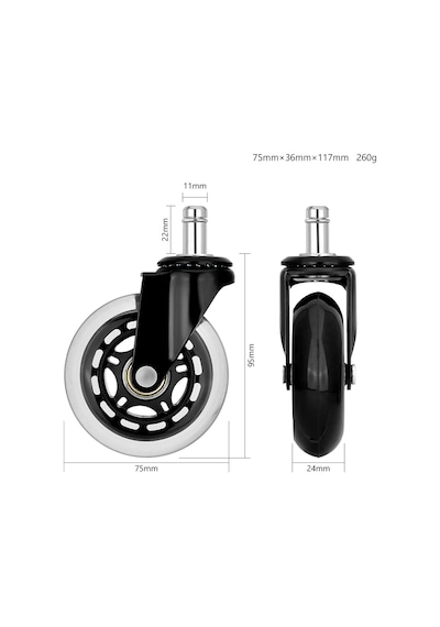 S-wheels Motion Silikon Oyuncu Koltuğu Tekeri 75mm Ofis Koltuk Tekeri Ultra Sessiz Sandalye Tekeri Beyaz - Siyah